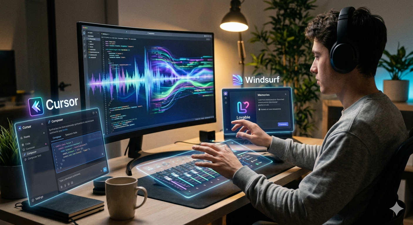"Vibe Coding" ruhunu yansıtan modern ve teknolojik bir görsel