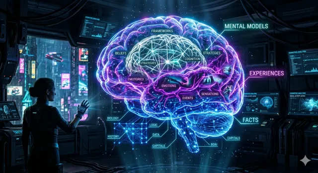 A futuristic, high-tech brain visualization showing glowing neural connections organized into three distinct layers: facts, experiences, and mental models. Cyberpunk aesthetic, deep blue and neon purple lighting, 8k resolution, cinematic style.