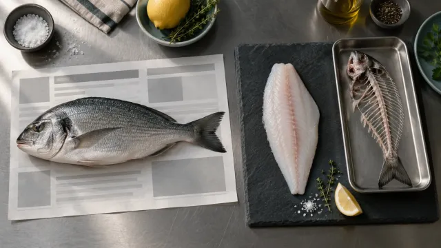 A whole fish on newsprint beside a cleaned fillet and its skeleton in a tray, the metaphor for an LLM web crawler cleaning HTML