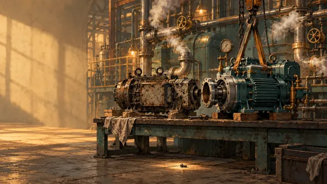 A metaphor for a PHP 8.5 upgrade: a dismantled old engine on a workshop bench beside its replacement being lowered by a hoist, steam still running through the pipes