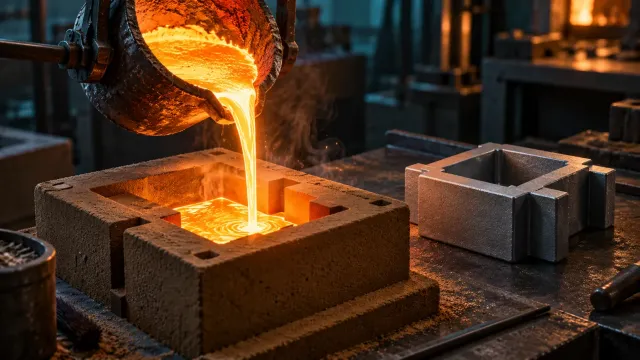 Molten metal pouring from a ladle into a casting mould beside a cooled, sharp-edged casting; the mould metaphor for a PHP AOT compiler.