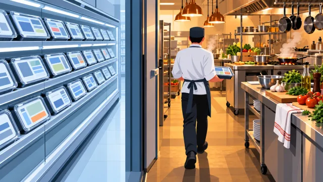 Süpermarketin hazır yemek reyonundan alınan bir tabağın, profesyonel bir mutfağın kapısından içeri taşınmasını gösteren editoryal illüstrasyon.