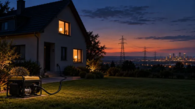 A generator in a garden at dusk feeding a dark house through a single cable, with grid pylons and a lit city on the horizon: the metaphor for running a local LLM.
