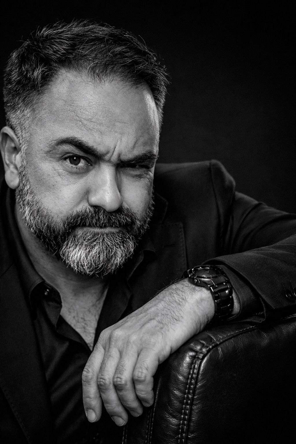 Halit Yeşil'in siyah beyaz stüdyo portresi; deri koltuğun arkalığına yaslanmış, tek kaşı kalkık, kameraya bakıyor