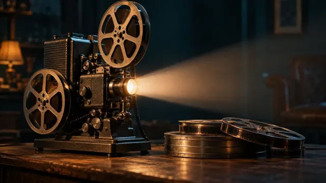 Karanlık bir odada ışık huzmesi yansıtan eski bir film projektörü ve yanında film makaraları