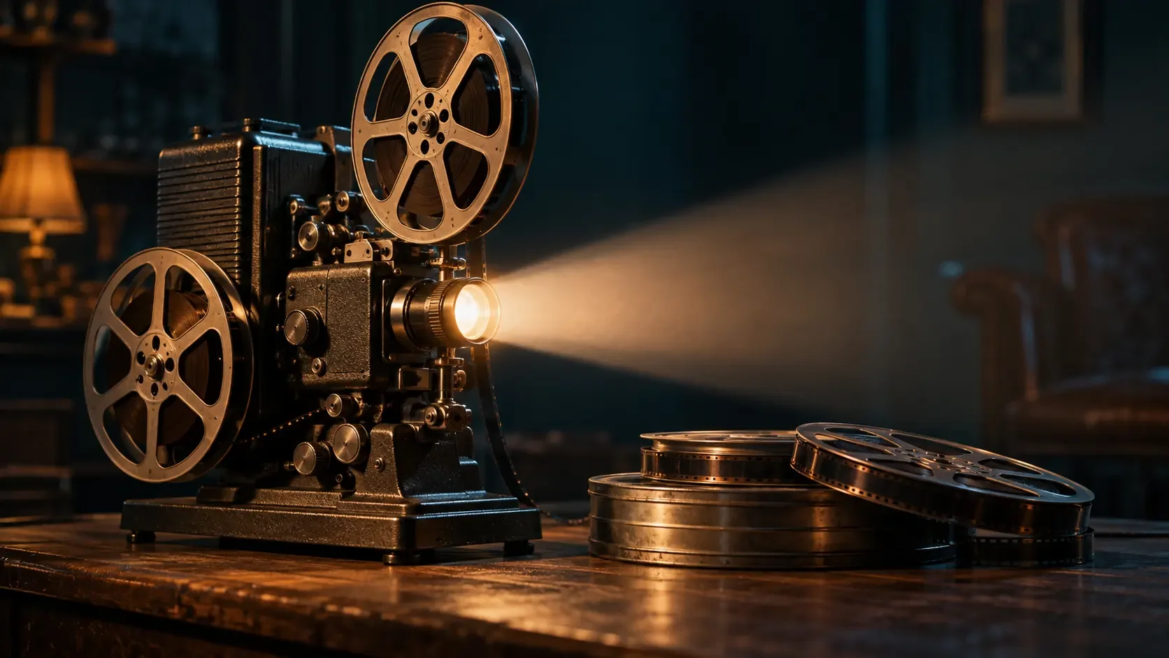 Karanlık bir odada ışık huzmesi yansıtan eski bir film projektörü ve yanında film makaraları