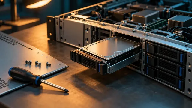 Kapağı açık bir sunucu kasasının boş yuvasına takılan sabit disk, yanında tornavida ve vidalar