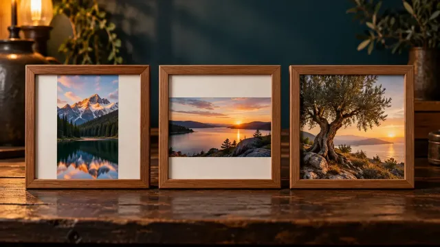 Aynı ölçüdeki üç ahşap çerçeveye farklı oranlarda yerleştirilmiş üç fotoğraf; biri kırpılmış, biri kenar boşluklu