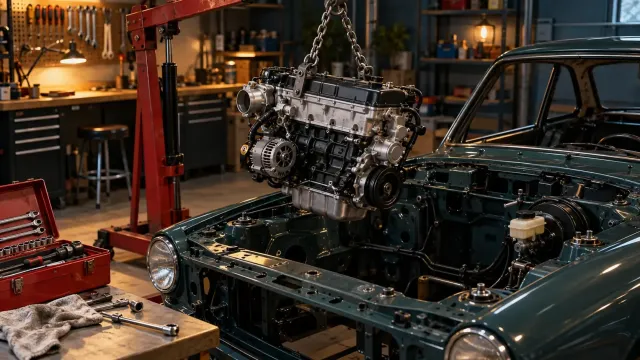 Atölyede zincirli vinçle klasik bir otomobilin açık kaputuna indirilen motor