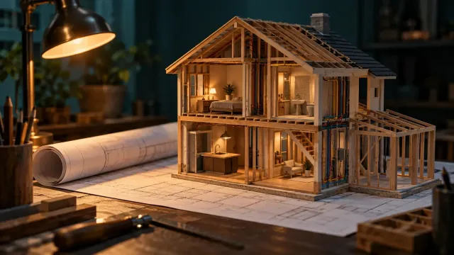 Tezgâhta, açık duvarlarından odaları ve katları görünen yapım aşamasındaki ahşap maket ev ve altında planlar