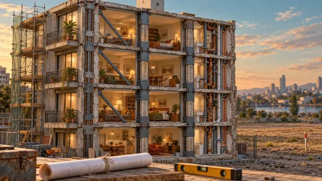 Retrofitting instead of tearing down: a cutaway of an old, lived-in apartment block with steel jackets and braces on its columns, new plumbing inside the walls, and a rolled-up deed and spirit level on the site table.