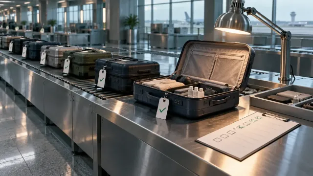 Havalimanı gümrük bankosunda etiketli bavul sırası, lamba altında açık bir bavul ve boş kutulu kontrol listesi; yapay zeka kod inceleme metaforu.