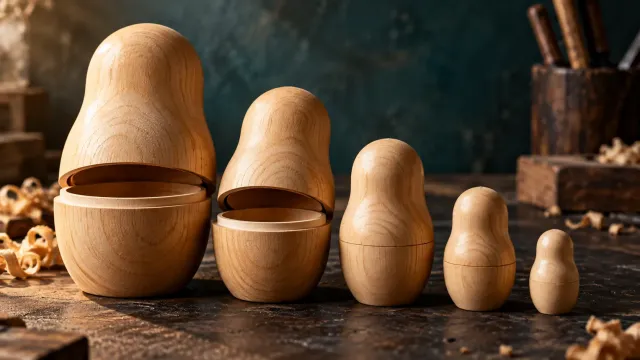 Five plain wooden matryoshka dolls lined up from largest to smallest with the two biggest opened, standing in for the nested dependencies a PHP autowiring container resolves.