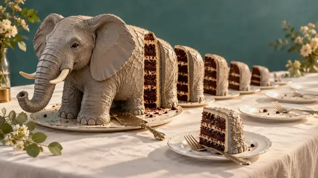 Masada fil biçimli bir pasta dilim dilim yeniyor; kesilen dilimler tabaklara sırayla dizilmiş, öndeki tabakta çatalla bir dilim bekliyor: iterative development metaforu.