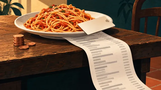 Ahşap masada spagetti dolu tabağın kenarına bırakılmış temassız kredi kartı, tabağın altından masadan sarkan uzun bir hesap ekstresi ve yanında bakır bozuk paralar: teknik borcun faizli kredi metaforu.