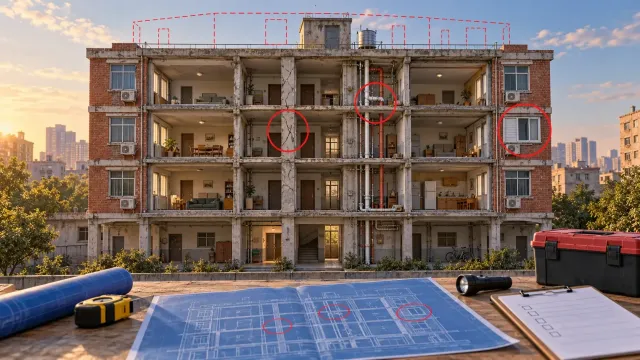Kesiti açılmış eski bir apartmanın önünde, üzerinde kırmızıyla işaretlenmiş plan, metre ve kontrol listesi duran bir risk tespit masası; çatıda henüz yapılmamış kaçak katın kesikli çizgisi.