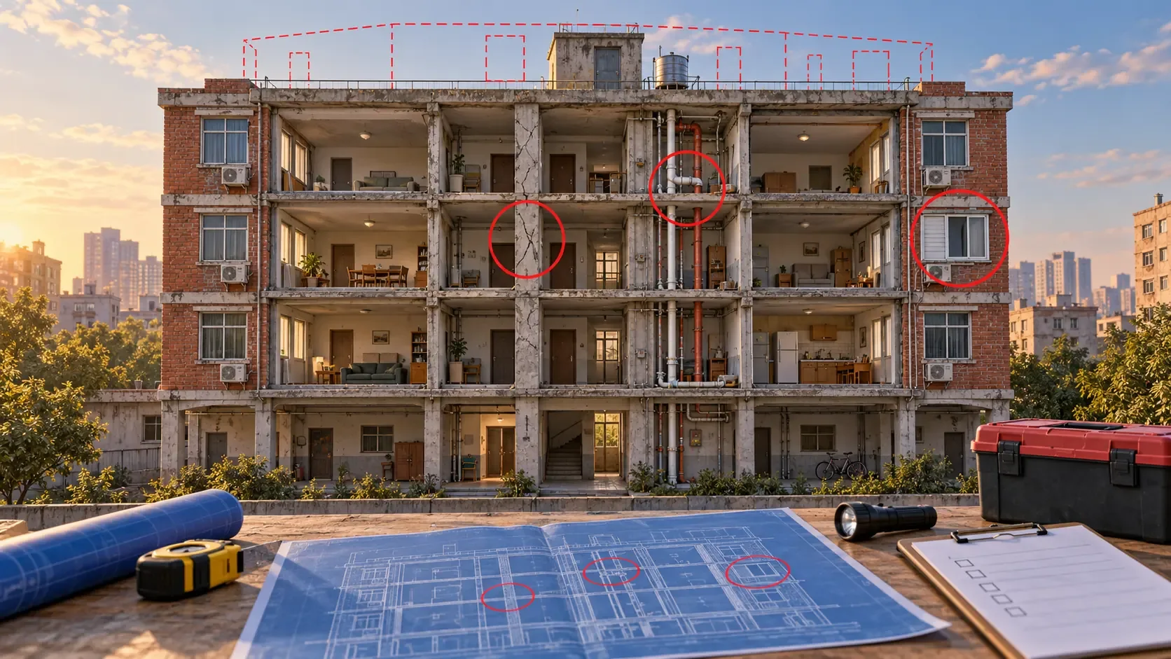 Kesiti açılmış eski bir apartmanın önünde, üzerinde kırmızıyla işaretlenmiş plan, metre ve kontrol listesi duran bir risk tespit masası; çatıda henüz yapılmamış kaçak katın kesikli çizgisi.