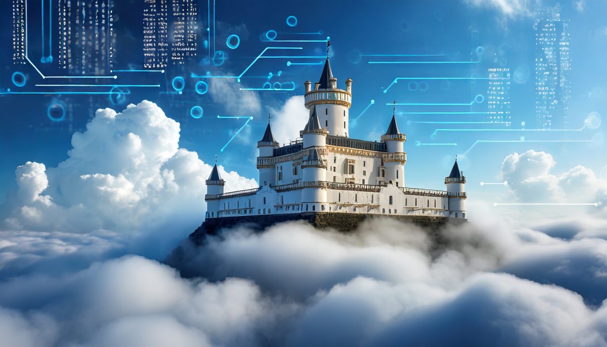 Adobe Firefly Prompt: Firefly A modern castle with computer code paths high above the clouds.