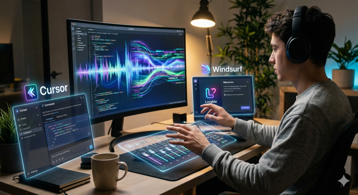 "Vibe Coding" ruhunu yansıtan modern ve teknolojik bir görsel