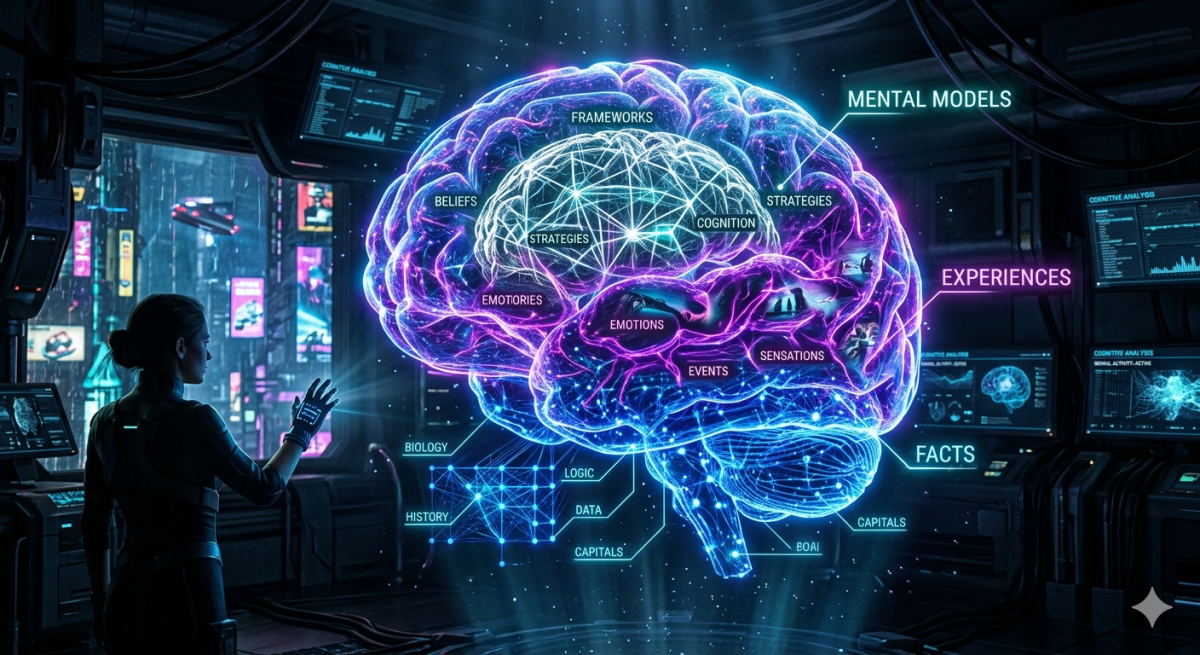 A futuristic, high-tech brain visualization showing glowing neural connections organized into three distinct layers: facts, experiences, and mental models. Cyberpunk aesthetic, deep blue and neon purple lighting, 8k resolution, cinematic style.
